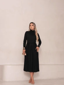 Poncho Dress Lanzinha Pleated Skirt Women's Fashion High Neck With Belt Long Sleeve Winter - 黑色 - 查看 7
