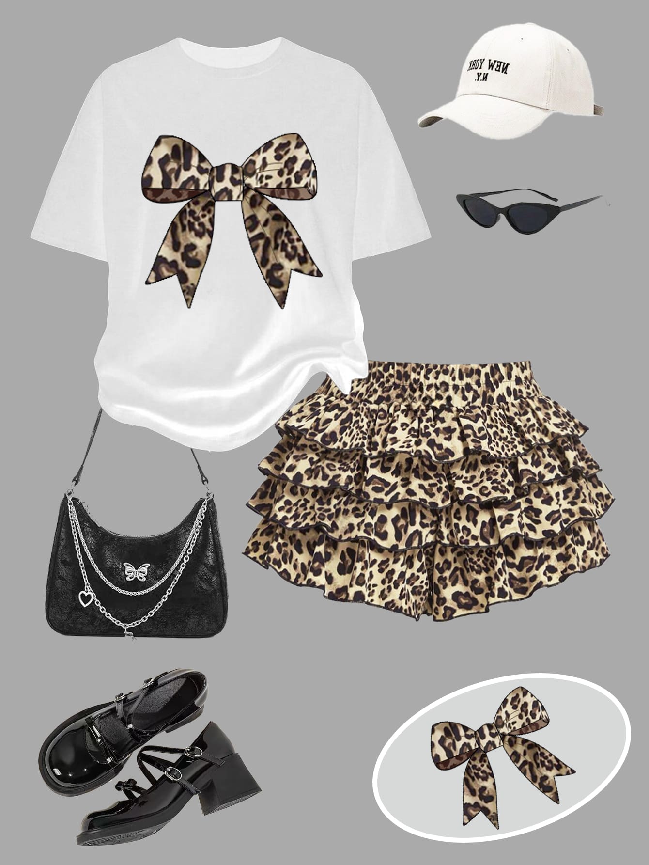 女童青少年蝴蝶印花短袖 T 恤和豹纹蛋糕裙 2 件套，时尚夏季服装 - 白色 - 查看 1