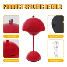 NetHong Modern LED Table Lamp Rechargeable Mushroom Light Touch Control 3 Color Dimmable - 紅色 - 查看 8