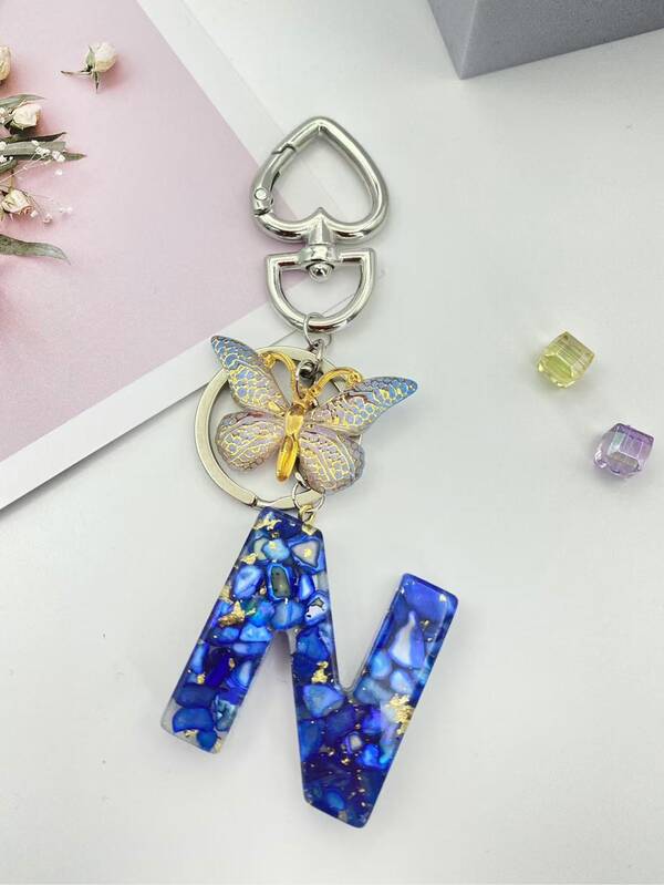 1 pezzo Portachiavi alla moda con iniziale N lettera in acrilico blu, ciondolo farfalla, anello portachiavi per borse, borsette, donne, ragazze, regalo per vacanze, prima scelta per genitori e amici per regalare