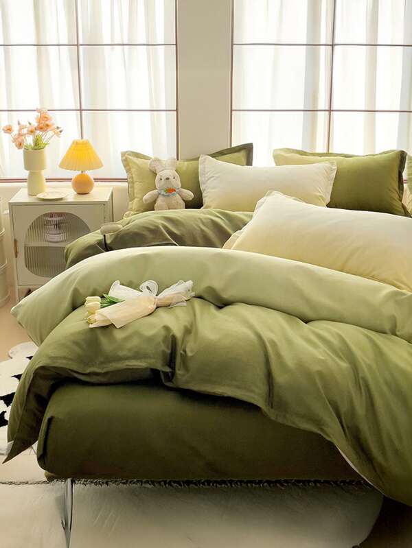 Juego de ropa de cama de 4 piezas con diseño moderno y simple, que incluye 1 edredón, 1 sábana plana, 2 fundas de almohada, apto para dormitorio, dormitorio universitario, oficina, hecho de una mezcla de tela a base de plantas, suave y transpirable, para todas las estaciones, lavable a máquina, artículo del hogar esencial (no incluye edredón/inserto de almohada)