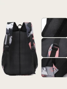 3 件套印刷字母贴片装饰功能性背包，适合女孩、小学、学前班、初中学生背包和手提午餐袋 - 粉色 - 查看 4