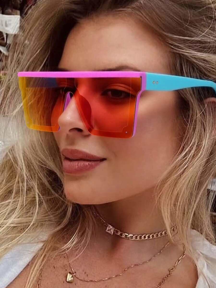 1pc Retangle Rivet Frame Mirror Fashion Glasses, Unisex Fashion Eyewear For Street, Beach, Party, Travel, Gift, Women