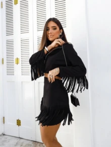 Women's Country Rodeo Set In Suede With Asymmetrical Fringe Skirt And Cropped Jacket - 黑色 - 查看 5