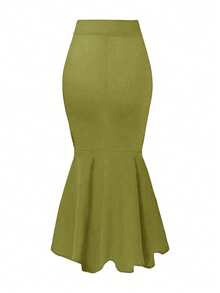 Elegant Black Fish-Tail Skirt Features A High-Waisted Design With Ruffled Edges At The Hem. It Is Machine-Washable And Is Perfect For Autumn Events - Mustard Green - View 5