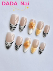 10 件手工按压式杏仁形指甲、法式美甲、斑马纹指甲、夏日激情、裸色指甲、立体手工捏浮雕花朵装饰、夏日花朵、Y2K 美甲、春、夏、秋、冬按压式假指甲全覆盖指甲片、四季美甲家居 DIY 美甲、美甲用品美甲用品、可拆卸和可重复使用、附带美甲套装、送给女性的最佳礼物。