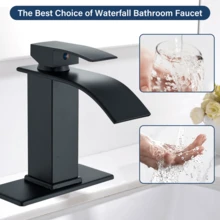 Matte Black/Chrome Waterfall Bathroom Faucet - Single Handle Mixer Tap For 1/3 Hole Sinks | Includes Deck Plate, Pop-Up Drain & Supply Hoses | Modern Vessel Vanity Set - Black - View 2