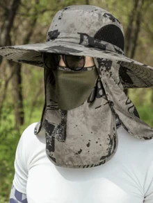 1 件迷彩可拆卸面罩可转换遮阳帽，透气网眼宽边户外钓鱼帽男士遮阳帽夏季帽子，适合徒步和钓鱼等夏季户外活动