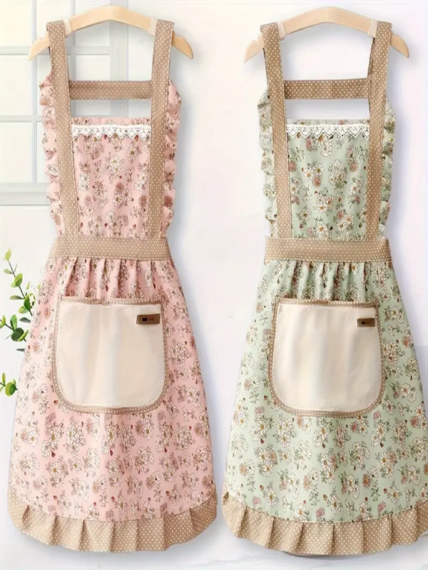 1pc Cute Apron, Waterproof & Oil-Proof Floral Canvas Apron With Large Pocket, Adjustable Strap, Breathable Fabric, Suitable For Restaurant Server Uniform, Chef Uniform, Kitchen Home Goods