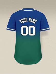 Camisa de béisbol personalizada con degradado, disponible para hombres y mujeres, con nombre personalizado y número, camisa informal de manga corta con botones - Azul - Ver 3