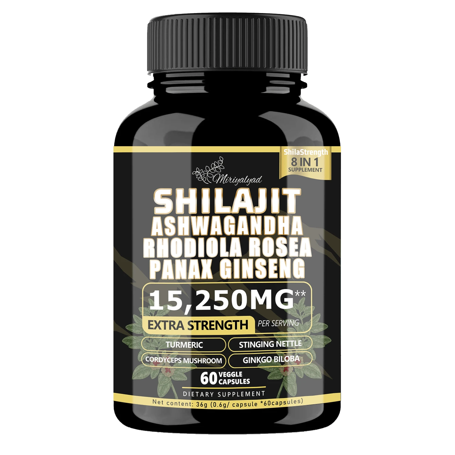 Miriyalyad Shilajit 9000mg, Rhodiola Rosea 1000mg, Panax Ginseng 1500mg, All-In-One, 60 Capsules Supplement Fitness Edible Dietary Healthcare Gut Support Vitamin - 1PCS - View 1
