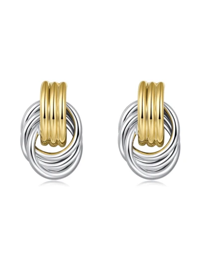 2pcs 18K Gold Plated Stainless Steel Colorblock Knot Design Chunky Jewelry Bohemian Style Hoop Earrings For Women