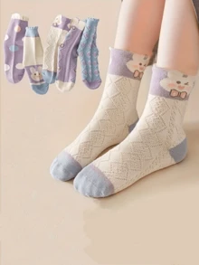 5 Pairs/Set Girls Kids Heart, Flower, Rabbit, Strawberry Cartoon Style Soft Polyester Knit Mid-Calf Long Socks - Multicolor - View 10