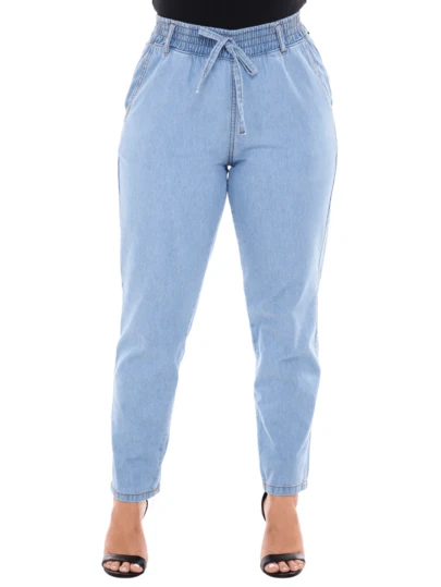 Calça Jeans Feminina Tecido Leve Com Elástico E Cordão No Cós Cintura Alta
