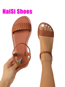 Women's Casual Round Toe Woven Slip On Flat Sandals, Strap Slip On Flat Sandals, Fashion Simple Style, Comfortable Lightweight Beach Sandals, White, Brown, Black, Leopard, Floral - Brown - View 7