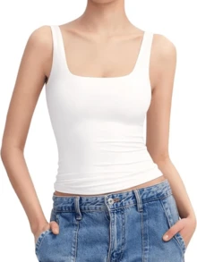 Women Square Neck Sleeveless Tank Top, Basic Style With Double Lining - White - View 1