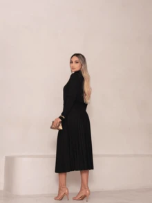 Poncho Dress Lanzinha Pleated Skirt Women's Fashion High Neck With Belt Long Sleeve Winter - 黑色 - 查看 6
