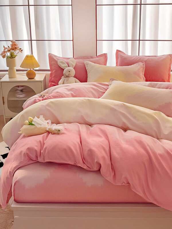 Juego de ropa de cama de 4 piezas moderno y simple con estampado, que incluye funda nórdica, sábana, 2 fundas de almohada, adecuado para dormitorio, dormitorio, oficina, hecho de tela de lana vegetal, suave para todas las estaciones, transpirable y que absorbe la humedad, simple y elegante, lavable a máquina, necesidad esencial para el hogar (funda nórdica 1 pieza, sábana 1 pieza, fundas de almohada 2 piezas, sin edredón ni relleno de almohada)
