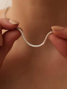 1 Peça Colar de Tênis Prateado com Strass Delicado, Colar de Corrente de Zircônia Cúbica com Strass para Mulheres