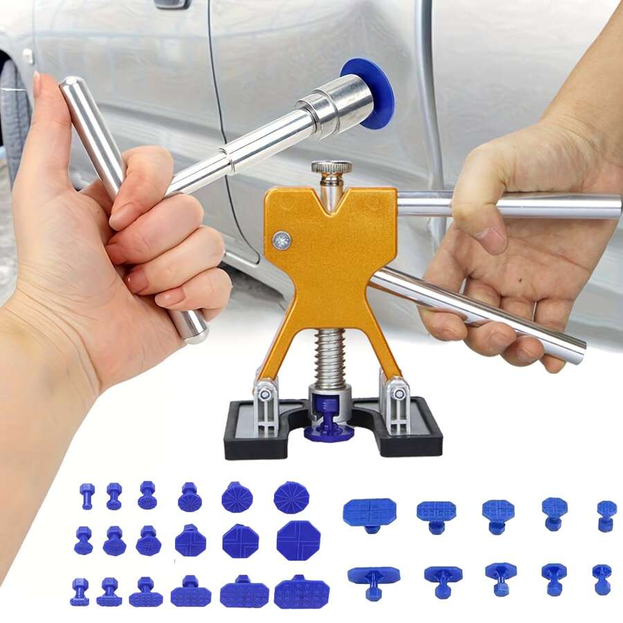 Besper 1 套汽车凹痕修复工具套装，带吸盘的 T 形拉拔器，用于去除车身凹痕，汽车维修手动工具套装，适用于冰雹损坏修复拉拔器 - 黃色 - 查看 1