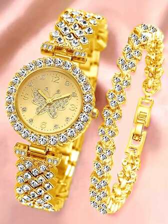 2PCS Gold Alloy Strap Women's Watch Set Fashionable Luxury Diamond Butterfly Element Dial Quartz Watch Bracelet Set Suitable For Daily Clothing Matching Or Holiday Gifts