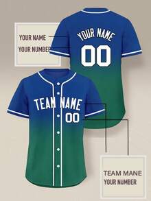 Camisa de béisbol personalizada con degradado, disponible para hombres y mujeres, con nombre personalizado y número, camisa informal de manga corta con botones - Azul - Ver 1