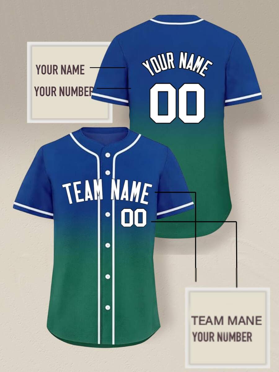 Camisa de béisbol personalizada con degradado, disponible para hombres y mujeres, con nombre personalizado y número, camisa informal de manga corta con botones - Azul - Ver 1