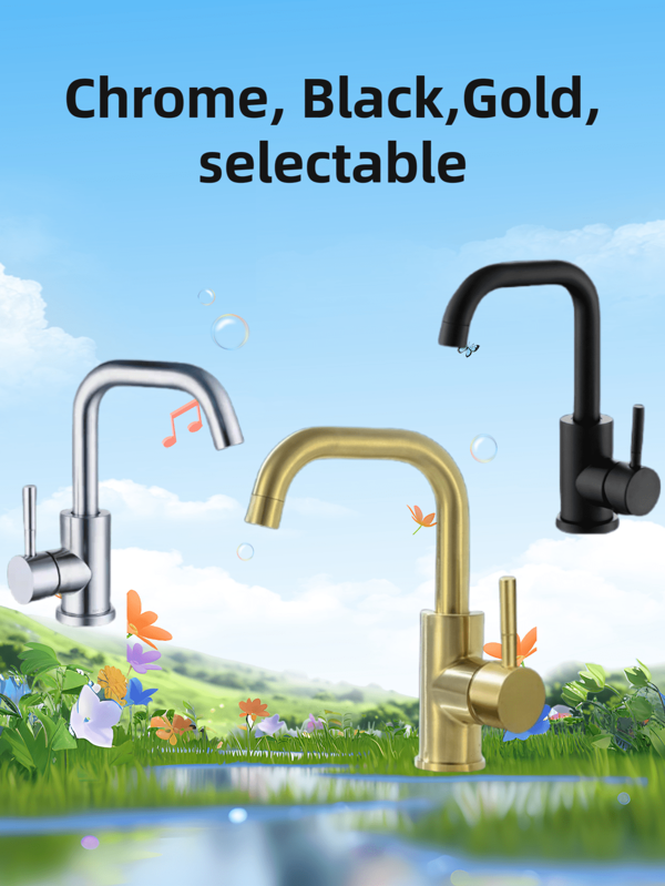 Torneira de aço inoxidável para água fria e quente, torneira para pia, torneira para água fria e quente, lavatório, torneira para pia de banheiro, produtos de higiene pessoal, rotação de 360 graus para uso doméstico e conveniente (cromado, preto, dourado, selecionável)