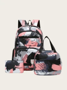 3 件套印刷字母贴片装饰功能性背包，适合女孩、小学、学前班、初中学生背包和手提午餐袋 - 粉色 - 查看 2