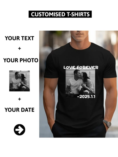 Custom-Plus Size Men's T-Shirt (Up To 6XL): Text/Photo T-Shirt-A Combination Of Large Frame And Big Personalized, Diversified Font And Color Selection, Suitable For Various Festivals/Anniversaries/Birthdays/Pets/Couples Customization
