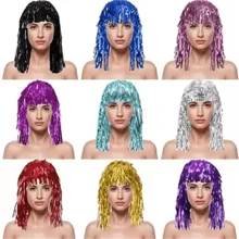 1pc Foil Tinsel Party Shiny Hair Colorful Encrypted Carnival Party Fancy Dress Costume Wigs Disco Masquerade Single Party Wigs For Holiday