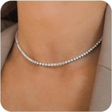 1 Peça Colar de Tênis Prateado com Strass Delicado, Colar de Corrente de Zircônia Cúbica com Strass para Mulheres