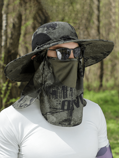 1 pieza Máscara facial desmontable de camuflaje convertible en sombrero, sombrero de pesca de ala ancha transpirable de malla para hombres, sombrero de sol adecuado para actividades al aire libre de verano como senderismo y pesca