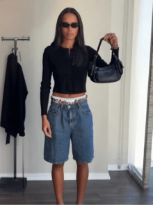 Women Jorts Baggy Jeans Jorts Outfits Mid-Low Waisted Denim Y2K Shorts Summer Hot Short Pants Streetwear - 深色水洗藍 - 查看 4