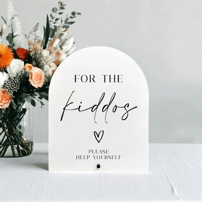 [2D Flach] Hochzeitsdekoration Schild - "Für die Kleinen" Acrylplatte mit "Bitte bedienen Sie sich" Design, ideal für Kinderactivitäten & Hochzeitsgastgeschenke, zeitgenössischer Stil, Tischdekoration, Hochzeitsgastgeschenk Schild|Verspielte Hochzeitsdekoration|Elegante Schriftart, Hochzeitsdekoration