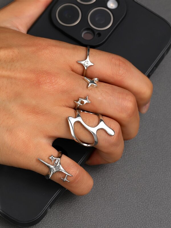 1pc/3pcs/4pcs Fashionable Y2K Retro Minimalist Starry Rhinestone Unisex Asymmetrical Couple Rings Set, Gift For Holiday Party, Vacation, Date, Everyday Wear