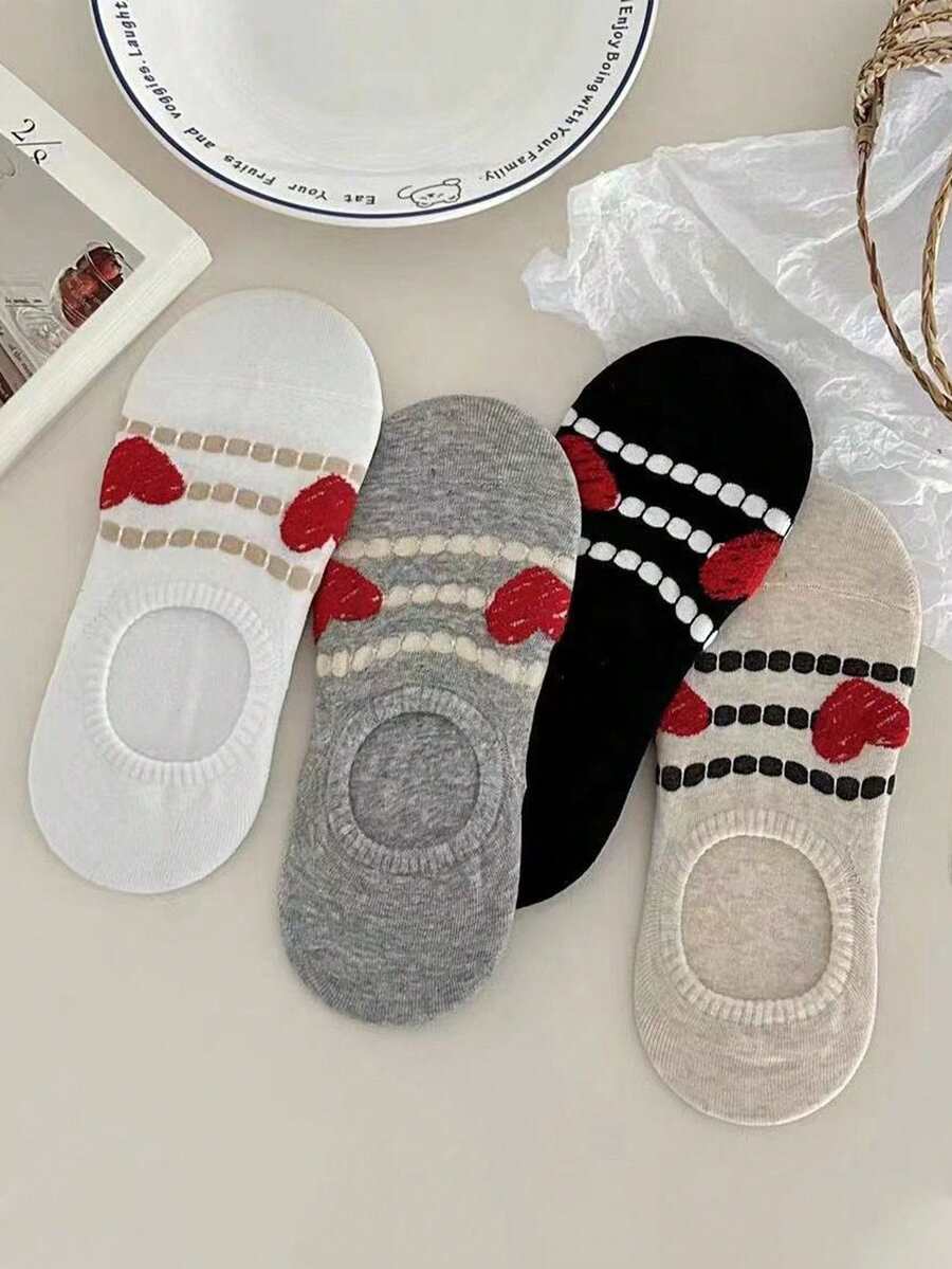 1/4 Pair Women Soft Breathable Red Heart Design Boat Socks, Suitable For Spring/Summer - Multicolor - View 1