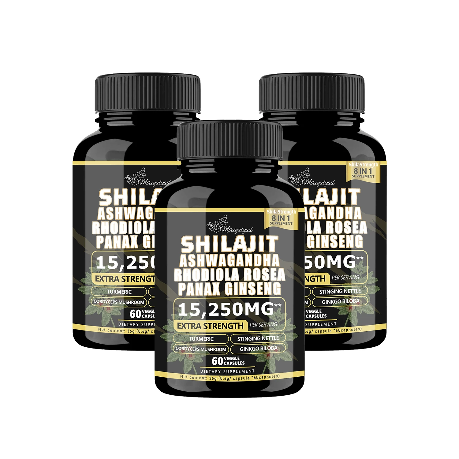 Miriyalyad Shilajit 9000mg, Rhodiola Rosea 1000mg, Panax Ginseng 1500mg, All-In-One, 60 Capsules Supplement Fitness Edible Dietary Healthcare Gut Support Vitamin - 3 CÁI - Xem 1
