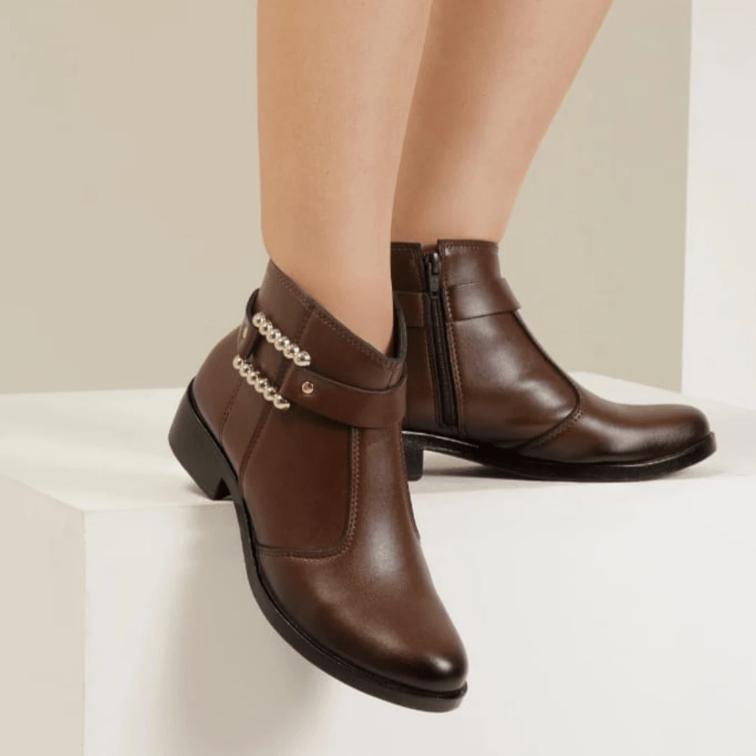 Short Boot Ankle Bootie Side Buckle Detail Foam Lining Comfort - Coffee Brown - View 1