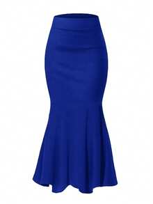 优雅美人鱼尾裙，高腰修身设计，荷叶边裙摆，弹力涤纶混纺面料，可机洗，适合所有季节