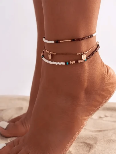 3pcs/Set Summer Fashion Minimalist Beaded Beach Anklet, Sequin Colorblock Personalized Girl Anklet, Versatile Retro