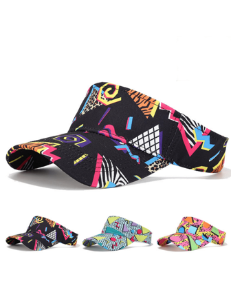 1pc Vintage 80s Style Geometric Print Polyester Sun Hat, Unisex, Random Print Pattern, 1980s Retro Fashion, Wide Brim Breathable, Suitable For Outdoor Activities, Beach, Party, Fishing, Hiking, Travel, Fashion Accessory, Ideal Gift For Weddings, Music Festivals, Easter And Other Events