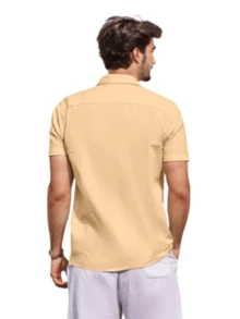 hoteel Mens Cotton Linen Guayabera Shirts Casual Button Up Short Sleeve Summer Beach Shirt - 米色 - 查看 5