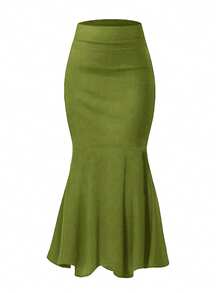 Elegant Black Fish-Tail Skirt Features A High-Waisted Design With Ruffled Edges At The Hem. It Is Machine-Washable And Is Perfect For Autumn Events - Mustard Green - View 4