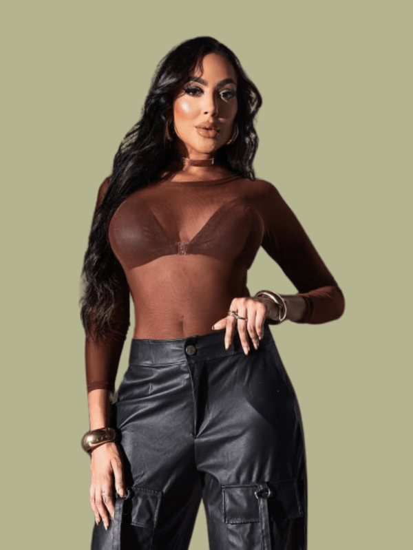 Blusa Body Com Gola Redonda Tule Feminina Com Transparência e Manga Longa elegante Casual Transparente Tendencia Rodeio Junho Modinha Blogueira inverno