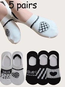 1/5 Pairs Women's Black & White Print Invisible Liner Socks, Suitable For Spring And Summer - Multicolor - View 1