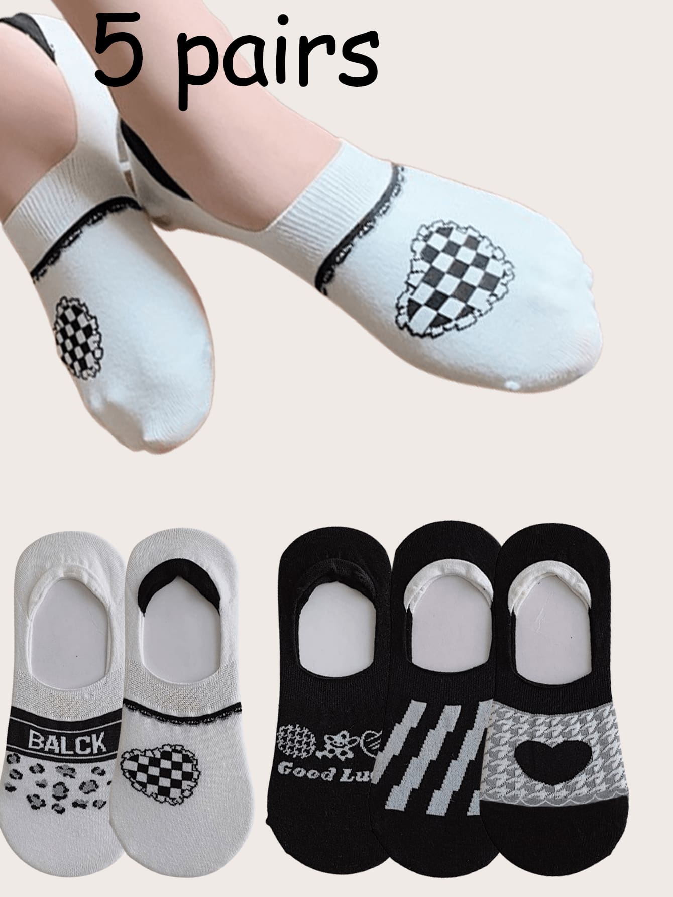 1/5 Pairs Women's Black & White Print Invisible Liner Socks, Suitable For Spring And Summer - Multicolor - View 1