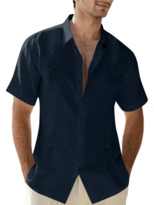 hoteel Mens Cotton Linen Guayabera Shirts Casual Button Up Short Sleeve Summer Beach Shirt - 藏青色 - 查看 2