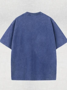 1 Piece, Washed Printed T-Shirt 230g Let Me Live In Peace, High-Quality Batik Cotton Vintage Fashion Brand T-Shirt, A Certain Thickness Suitable For Summer T-Shirts, Holiday Gifts. - 寶藍色 - 查看 2