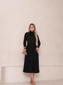 Poncho Dress Lanzinha Pleated Skirt Women's Fashion High Neck With Belt Long Sleeve Winter - 黑色 - 查看 3